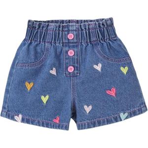 image:imageGORGLITTER Girls Cutet Jean Shorts Heart Print Elastic High Waisted Summer Beach Vacation Denim Shorts 2025Medium Wash