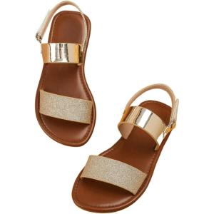 image:imageGORGLITTER Girls Flat Sandals Dressy Cute Summer Metallic Sparkly Open Toe Slides Vacation Beach Ankle Strap SandalsGold