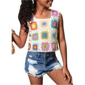 image:imageGORGLITTER Girls Floral Pattern Crochet Top Sleeveless Square Neck Knitted Tank TopsWhite