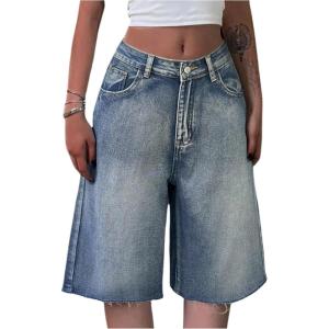image:imageGORGLITTER Girls Jean Shorts Jorts Low Rise Baggy Wide Leg Ripped Hem Bermuda Denim Shorts Y2k BottomsDark Wash