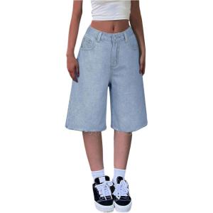 image:imageGORGLITTER Girls Jean Shorts Jorts Low Rise Baggy Wide Leg Ripped Hem Bermuda Denim Shorts Y2k BottomsLight Blue