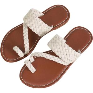 image:imageGORGLITTER Girls Strappy Leather Flats Sandal Cute Braided Dressy Toe Ring Slip on Slide SandalsBeige