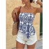 image:imageGORGLITTER Womens Boho Floral Print Tube Tops Strapless Western Cowgirl Bandeau Smocked Ruffle Nashville OutfitsBlue and White
