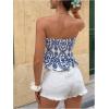 image:imageGORGLITTER Womens Boho Floral Print Tube Tops Strapless Western Cowgirl Bandeau Smocked Ruffle Nashville OutfitsBlue and White