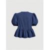 image:imageGORGLITTER Womens Bow Tie Front Denim Shirt Puff Short Sleeve Crewneck Ruffle Hem Peplum BlouseDark Wash