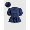 image:imageGORGLITTER Womens Bow Tie Front Denim Shirt Puff Short Sleeve Crewneck Ruffle Hem Peplum BlouseDark Wash