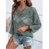 image:imageGORGLITTER Womens Crochet Knit Short Sleeve Sweater Boho V Neck Lightweight Tops Beach Vacation Cruise OutfitCadet Blue