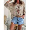 image:imageGORGLITTER Womens Crochet Knit Short Sleeve Sweater Boho V Neck Lightweight Tops Beach Vacation Cruise OutfitKhaki 01