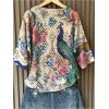 image:imageGORGLITTER Womens Crochet Knit Short Sleeve Sweater Boho V Neck Lightweight Tops Beach Vacation Cruise OutfitMulticolored Apricot