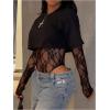 image:imageGORGLITTER Womens Lace Bodysuit Y2k Patchwork Long Sleeve Cropped T Shirt 2 in 1 Crew Neck Night Out Body Suit 2026Black
