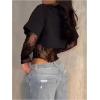 image:imageGORGLITTER Womens Lace Bodysuit Y2k Patchwork Long Sleeve Cropped T Shirt 2 in 1 Crew Neck Night Out Body Suit 2026Black