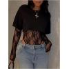 image:imageGORGLITTER Womens Lace Bodysuit Y2k Patchwork Long Sleeve Cropped T Shirt 2 in 1 Crew Neck Night Out Body Suit 2026Black