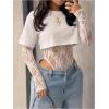 image:imageGORGLITTER Womens Lace Bodysuit Y2k Patchwork Long Sleeve Cropped T Shirt 2 in 1 Crew Neck Night Out Body Suit 2026White