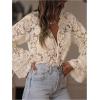 image:imageGORGLITTER Womens Lace Button Up Shirt Peasant Boho Embroidered Tops Long Sleeve Floral Sheer BlousesApricot