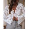 image:imageGORGLITTER Womens Lace Button Up Shirt Peasant Boho Embroidered Tops Long Sleeve Floral Sheer BlousesWhite