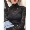 image:imageGORGLITTER Womens Lace Long Sleeve Tops Boho Mesh Sheer Mock Neck See Through Undershirt Going Out Outfits TopsBlack