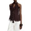 image:imageGORGLITTER Womens Mesh Halter Flowy Tank Tops Ruffle Chiffon Tie Neck Cut Out Brunch Dinner Crop Tops Going Out OutfitsCoffee Brown