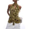 image:imageGORGLITTER Womens Mesh Halter Flowy Tank Tops Ruffle Chiffon Tie Neck Cut Out Brunch Dinner Crop Tops Going Out OutfitsGreen