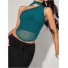 image:imageGORGLITTER Womens One Shoulder Asymmetrical Scarf Top Trendy Y2K Summer Mesh Halter Sleeveless Going Out Crop Tank TopBlue