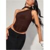image:imageGORGLITTER Womens One Shoulder Asymmetrical Scarf Top Trendy Y2K Summer Mesh Halter Sleeveless Going Out Crop Tank TopBrown