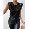 image:imageGORGLITTER Womens Pearl Beaded Top Blouses Casual Dressy Sleeveless Shoulder Pad Tee TShirt Going Out OutfitsSolid Black