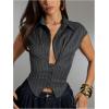 image:imageGORGLITTER Womens Striped Plunge Neck Blouse Dressy Cap Sleeve Button Down Asymmetrical Low Cut ShirtsDark Grey