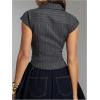 image:imageGORGLITTER Womens Striped Plunge Neck Blouse Dressy Cap Sleeve Button Down Asymmetrical Low Cut ShirtsDark Grey