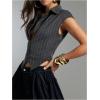 image:imageGORGLITTER Womens Striped Plunge Neck Blouse Dressy Cap Sleeve Button Down Asymmetrical Low Cut ShirtsDark Grey