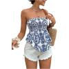 image:imageGORGLITTER Womens Boho Floral Print Tube Tops Strapless Western Cowgirl Bandeau Smocked Ruffle Nashville OutfitsBlue and White