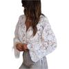 image:imageGORGLITTER Womens Lace Button Up Shirt Peasant Boho Embroidered Tops Long Sleeve Floral Sheer BlousesWhite