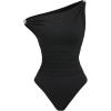 image:imageGORGLITTER Womens One Shoulder Bodysuit Metal Decor Ruched Asymmetrical Neck Sleeveless Leotard ClubwearBlack