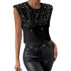 image:imageGORGLITTER Womens Pearl Beaded Top Blouses Casual Dressy Sleeveless Shoulder Pad Tee TShirt Going Out OutfitsSolid Black