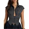image:imageGORGLITTER Womens Striped Plunge Neck Blouse Dressy Cap Sleeve Button Down Asymmetrical Low Cut ShirtsDark Grey