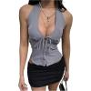image:imageGORGLITTER Womens Tie Front Button Up Halter Tops Deep V Backless Sleeveless Going Out Crop TopsGrey