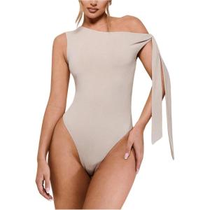image:imageGORGLITTER Womens Asymmetrical Top Bodysuit Tie Knot Sleeveles One Shoulder Tops Leotards JumpsuitApricot