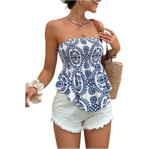 image:imageGORGLITTER Womens Boho Floral Print Tube Tops Strapless Western Cowgirl Bandeau Smocked Ruffle Nashville OutfitsBlue and White