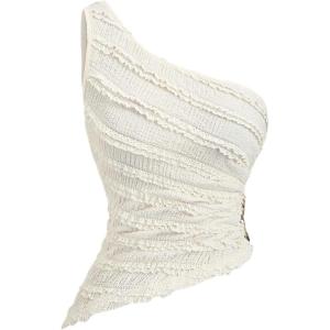 image:imageGORGLITTER Womens Boho One Shoulder Shirt Metallic Ring Sleeveless Frill Trim Asymmetrical Tank Going Out TopsApricot