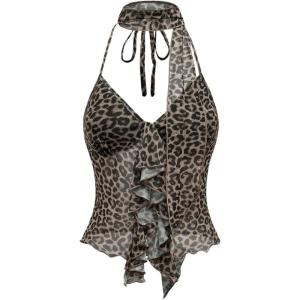 image:imageGORGLITTER Womens Cheetah Leopard Print Halter Tops Animal Mesh Bow Going Out Scarf Cute Summer Casual Trendy Top 2025Brown