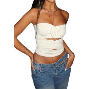image:imageGORGLITTER Womens Flower Strapless Tube Tops Y2K Sleeveless Cut Out Bandeau Coquette Summer Going Out Crop Top 2025White