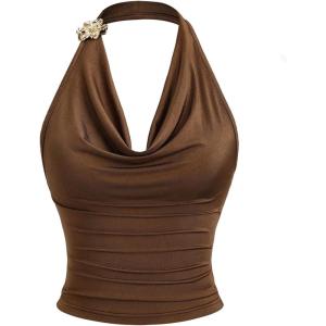 image:imageGORGLITTER Womens Halter Tank Top Sexy Cowl Neck Floral Going Out Crop Vest TopsBrown