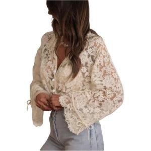 image:imageGORGLITTER Womens Lace Button Up Shirt Peasant Boho Embroidered Tops Long Sleeve Floral Sheer BlousesApricot