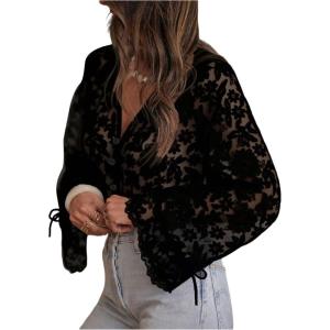image:imageGORGLITTER Womens Lace Button Up Shirt Peasant Boho Embroidered Tops Long Sleeve Floral Sheer BlousesBlack