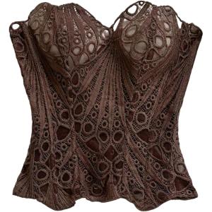 image:imageGORGLITTER Womens Lace Corset Tops Sexy Strapless Floral Textured Sheer Bustier Going Out Laceup Overbust Tube TopsCoffee Brown