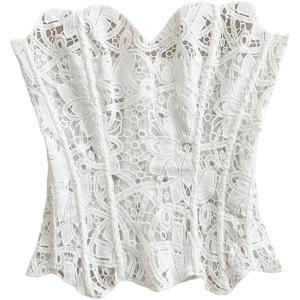 image:imageGORGLITTER Womens Lace Corset Tops Sexy Strapless Floral Textured Sheer Bustier Going Out Laceup Overbust Tube TopsPlain White