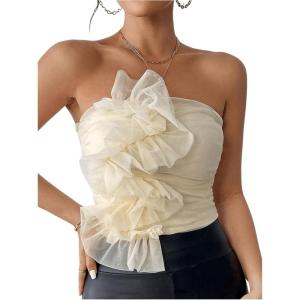 image:imageGORGLITTER Womens Lace Cropped Strapless Tube Top Mesh Ruffle Ruched Sleeveless Bandeau Cute Going Out Tops 2025Beige