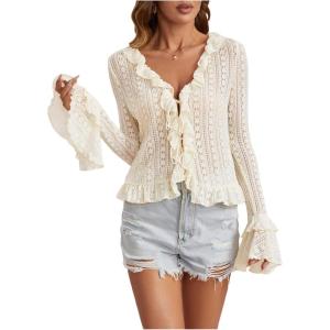 image:imageGORGLITTER Womens Lace Long Sleeve Top Y2K Cute Bell Sleeve Ruffled Blouses Mesh Tie Front Going Out TopsApricot Ruffle