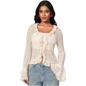 image:imageGORGLITTER Womens Lace Long Sleeve Top Y2K Cute Bell Sleeve Ruffled Blouses Mesh Tie Front Going Out TopsApricot a