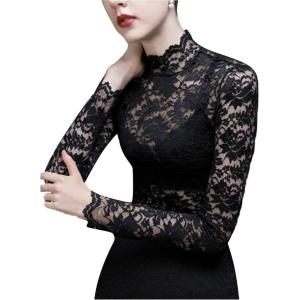 image:imageGORGLITTER Womens Lace Long Sleeve Tops Boho Mesh Sheer Mock Neck See Through Undershirt Going Out Outfits TopsBlack