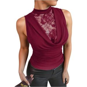 image:imageGORGLITTER Womens Lace Sleeveless Summer Tank Top Dressy Casual Draped Neck Cute Country Concert Y2K Going Out TopsBurgundy