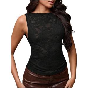 image:imageGORGLITTER Womens Lace Sleeveless Tank Tops Y2K Casual Crew Neck Gothic Sheer See Through Slim Fit Going Out TopsBlack